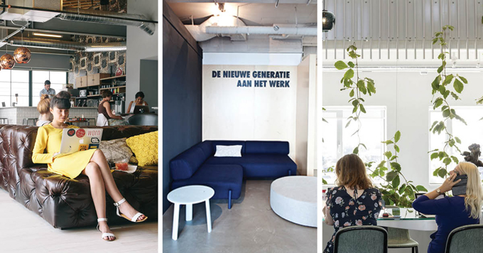 Office design bar woman plants interior yellow couch calling industrial concrete soft material leather