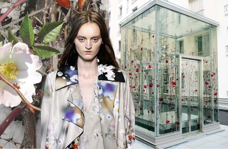 floral digital printing model jacob schlaepfer fashion haute couture decorated glass house london