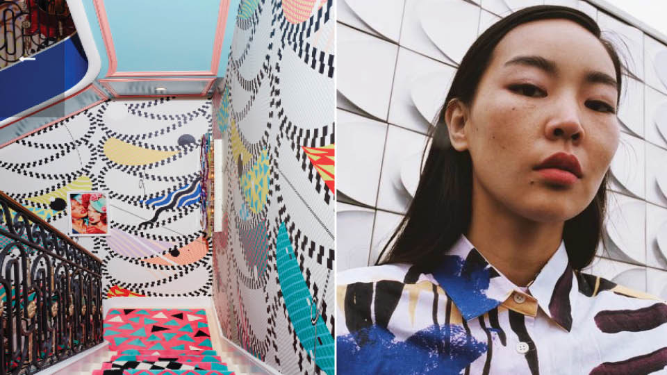 sasha bikoff staircase print all over me graphic fashion model bold colors 