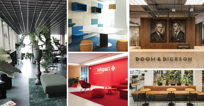 small groenstyling interieur ontwerp kantoor materialen bank rood vilt planten leren bank cognac krukjes balie