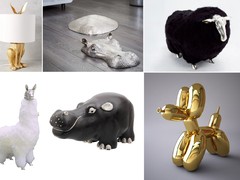 lamp van Anthropologie, nijlpaard, schaap en lama van Briac Art via rubylux.com, 'Hippo Stool' van Lotus Arts de Vivre, 'Balloon Dog' van Jeff Koons