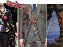 v.l.n.r.: Dolce & Gabbana SS16 Ready-to-Wear via vogue.com, libelle patch van Gucci DIY via balsamicfinegear.com, E.Tautz AW15 via patternprintsjournal.com, Dolce & Gabbana SS16 Ready-to-Wear