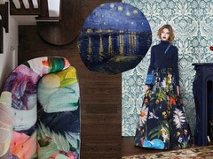 ank met bloemdessin van Arent & Pyke, midden-boven: zitzak met Van Gogh dessin via paom.com, rechts: jurk van Alice + Olivia